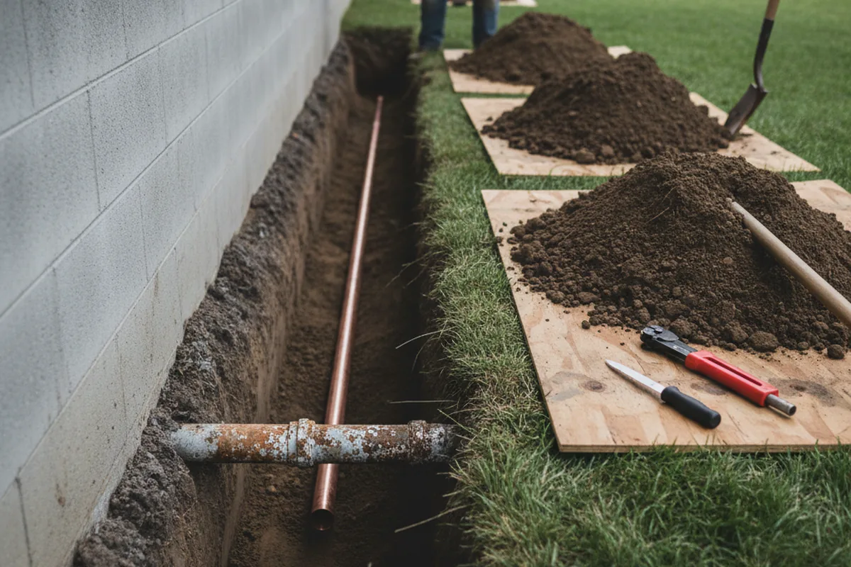 Excavated water line trench during Water Softener Installation in Northampton